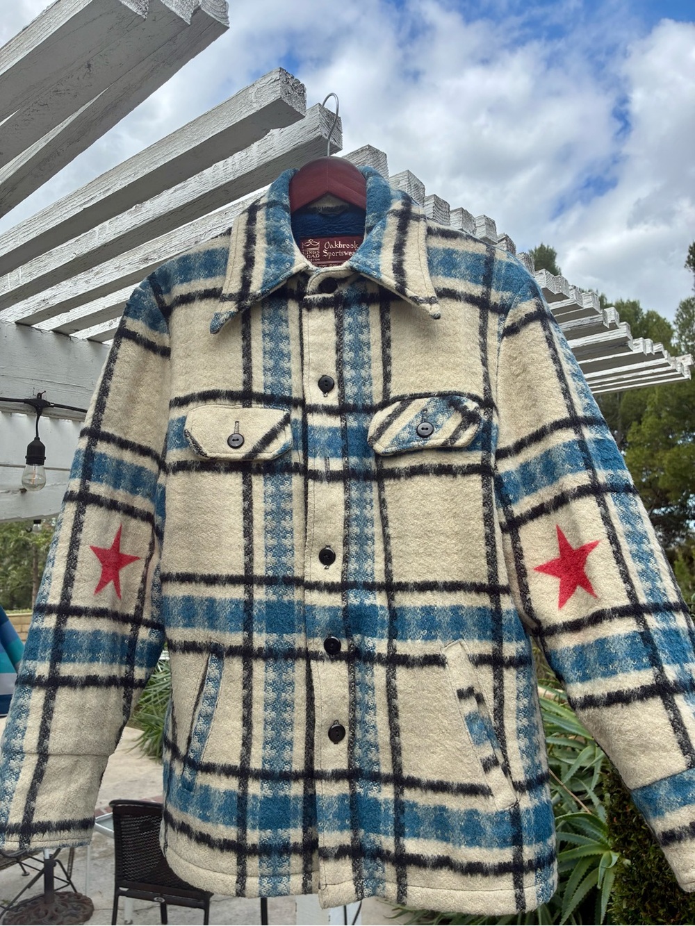 Oakbrook Plaid Wool Shacket with Red Star Elbow Patches - Cream & Blue